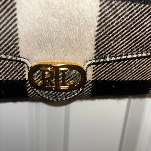 Ralph Lauren Black and Cream Plaid Crossbody Buffalo check hair on hide wallet - Picture 2 of 15